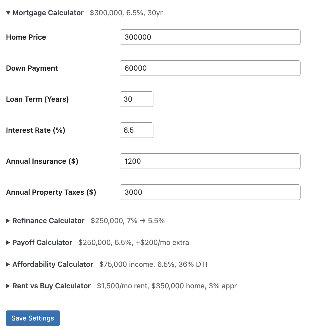 Mortgage Tools Admin Settings