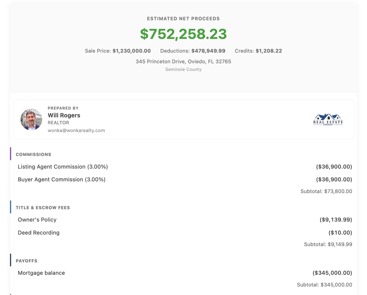 Agent portal share page with branded net sheet and agent card