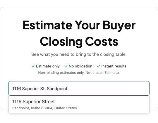 The buyer closing cost estimate opens with one field, Search property address, with matching places listed as you type.