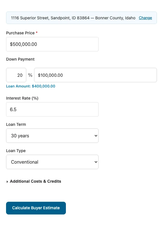 The buyer estimate form: confirmed location, Purchase Price, a Down Payment percentage and dollar pair, and the loan amount beneath.