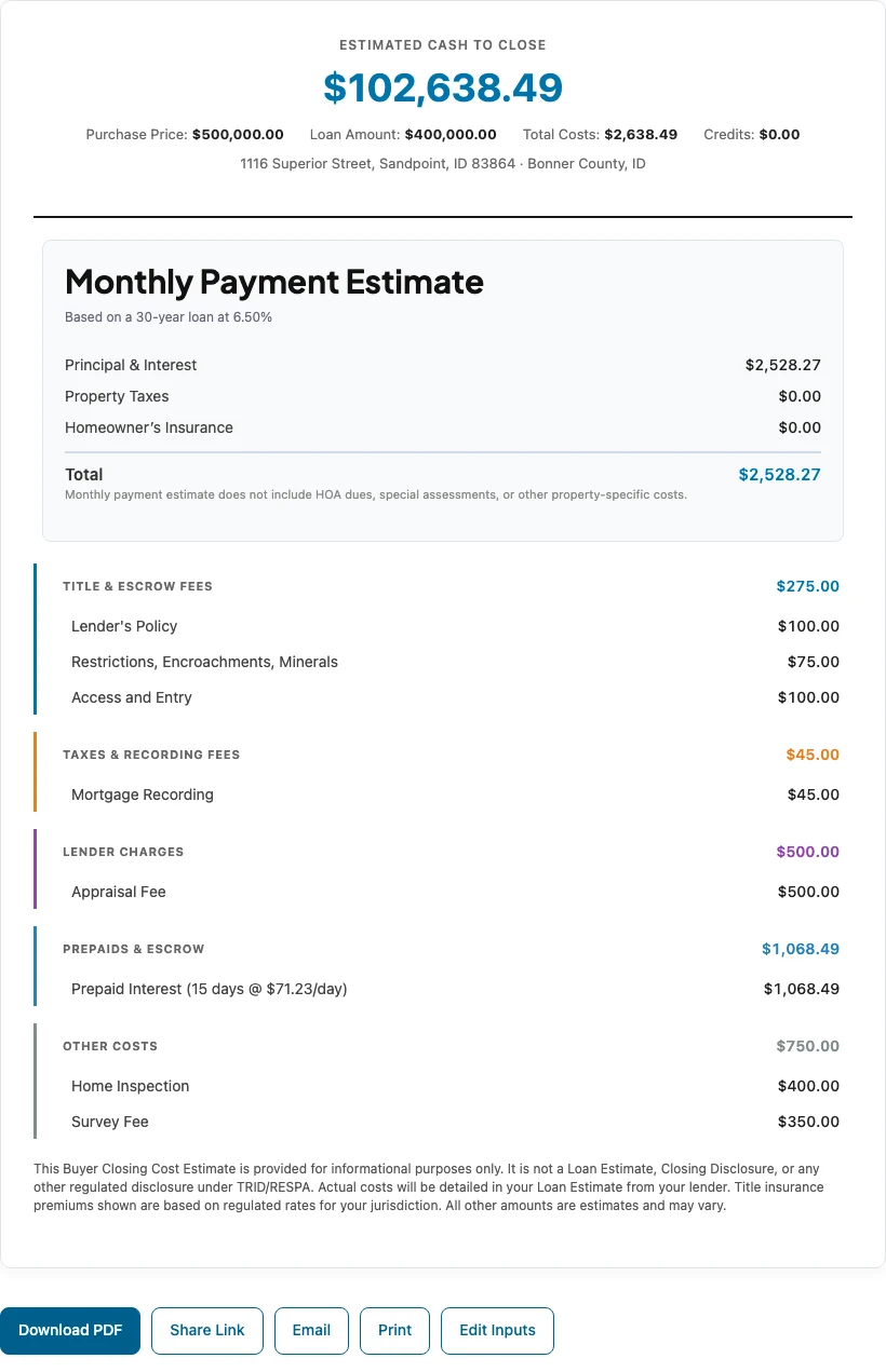 A completed buyer estimate showing estimated cash to close, a monthly payment card, and itemised cost sections each with a subtotal.