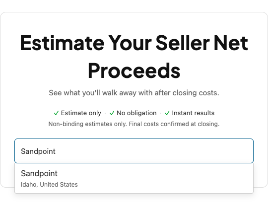 The seller net sheet opens with one field, Search property address, with matching places listed as you type.