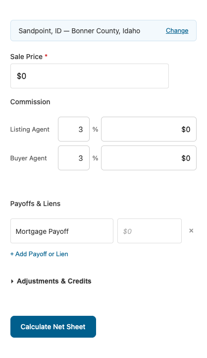 The seller net sheet form: confirmed location, Sale Price, Commission percentages, Payoffs and Liens, and a Calculate Net Sheet button.