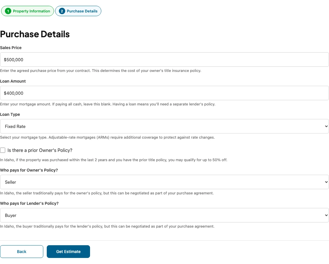 The title quote wizard on step two, Purchase Details, with sales price, loan amount, loan type, and the two who-pays fields answered.