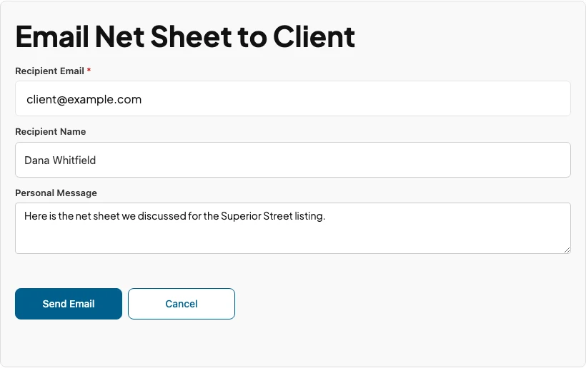 The Email Net Sheet to Client panel with recipient email, recipient name, and a personal message filled in, above Send Email and Cancel.