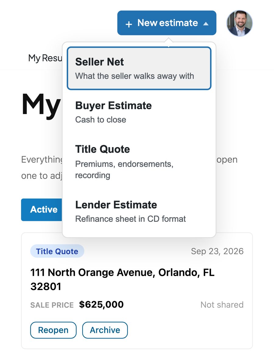 Partner Portal on a phone with the New estimate menu open