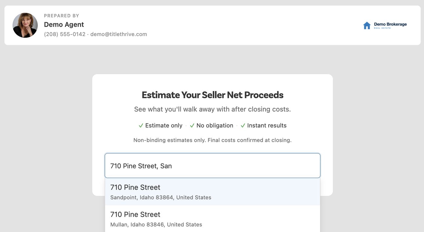Seller net sheet showing the agent Prepared by card