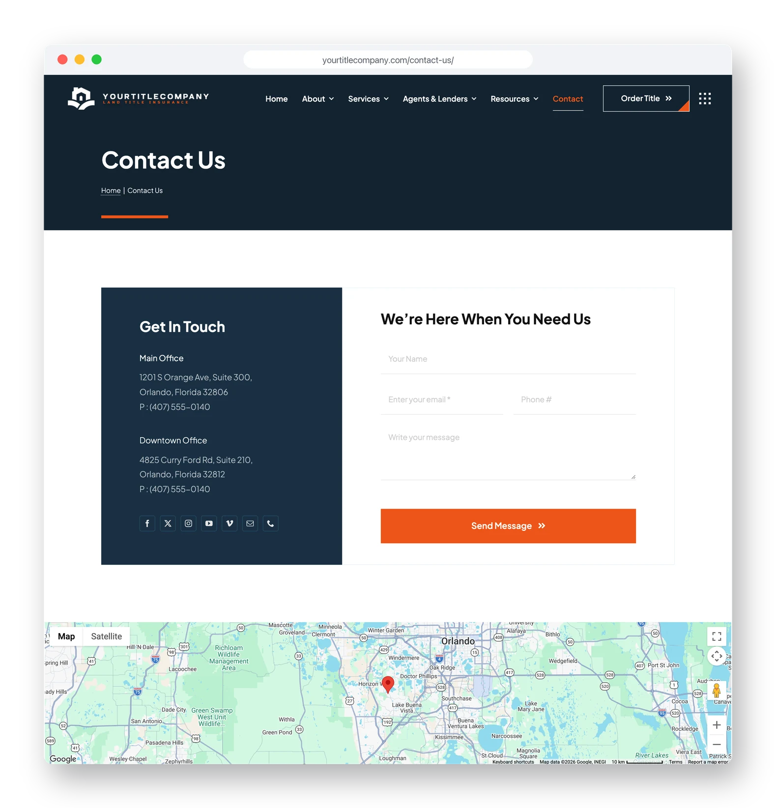 A title company contact page with two office locations and a map