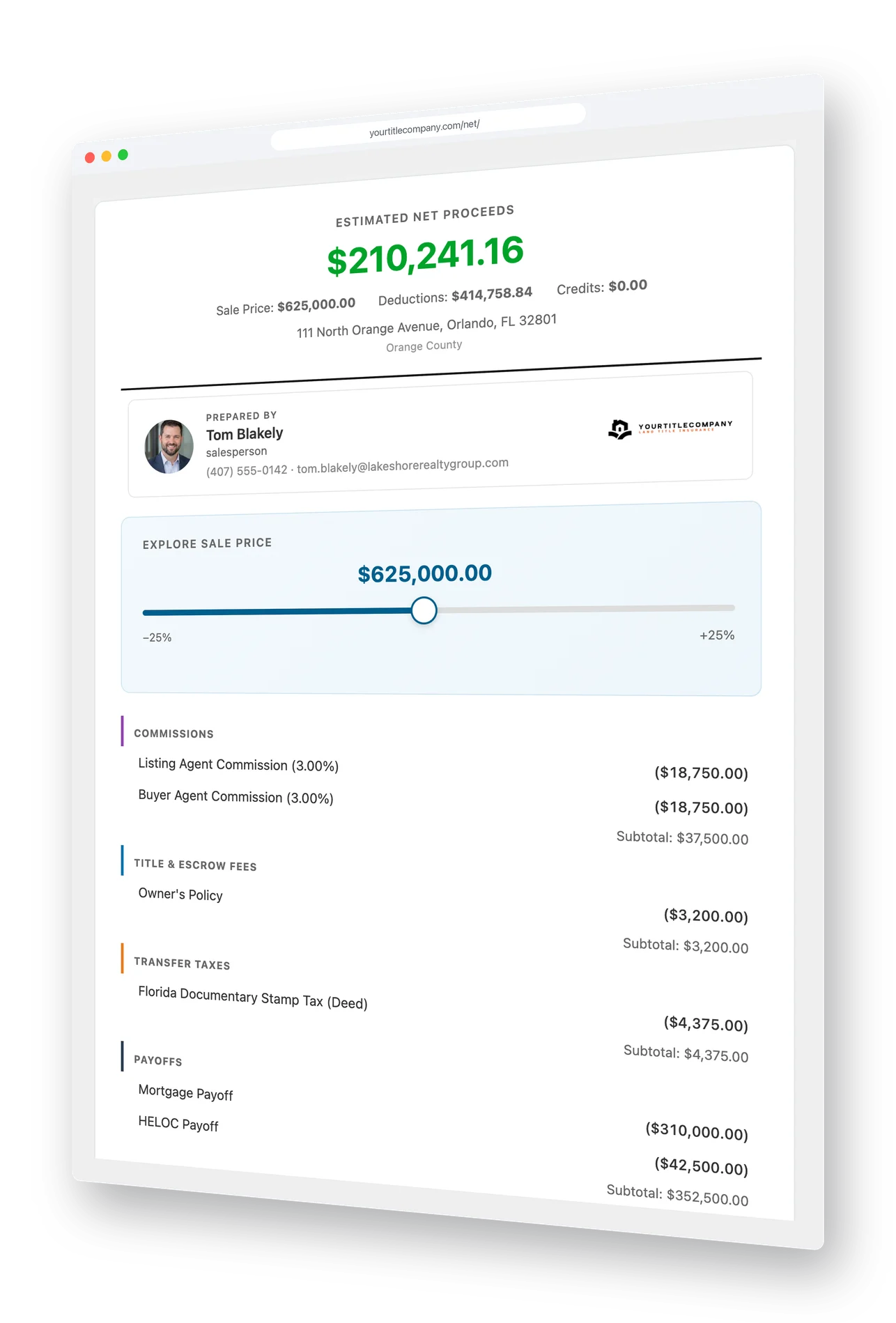 Shared seller net sheet with a partner letterhead